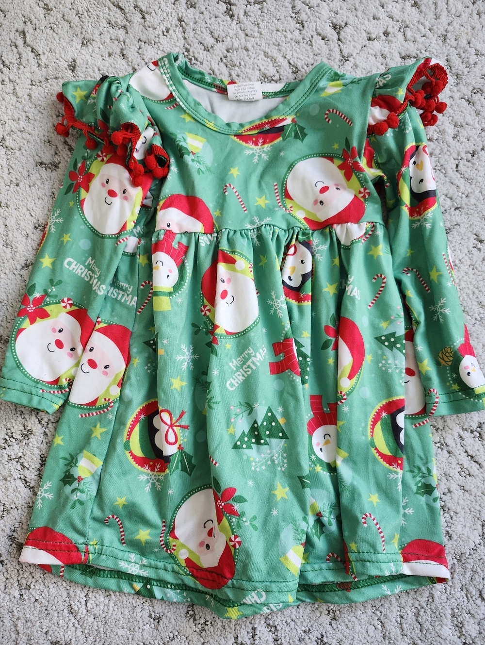 Girls Green Santa Holiday Dress with Pom Trim